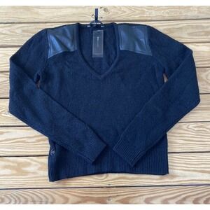 NWT BCBG MaxAzria V Neck Sweater Medium Women’s Black Shoulder Patch MSRP $158